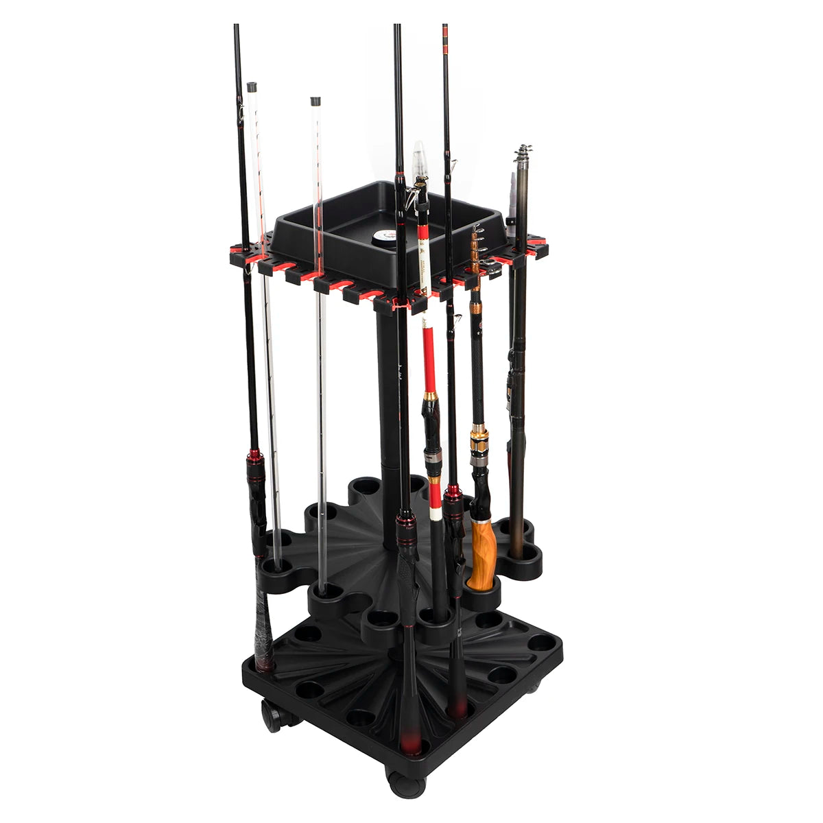 Rotating Fishing Rod Rack - Holds 16 Rods, Rolling Base