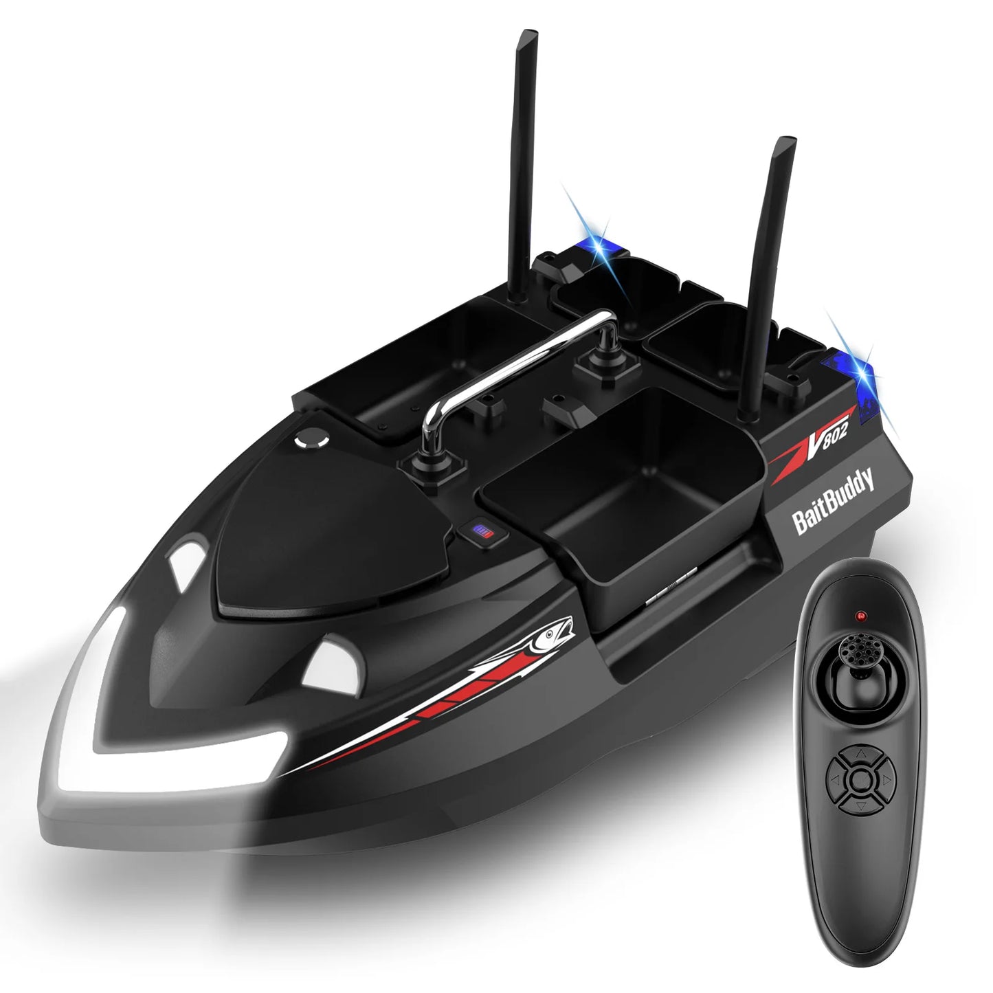 RC Bait Boat - Fish Finder, 3 Hoppers, LED Night Lights