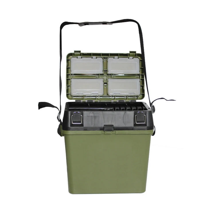 Fishing Seat Box — Tackle Storage, Trays & Shoulder Strap