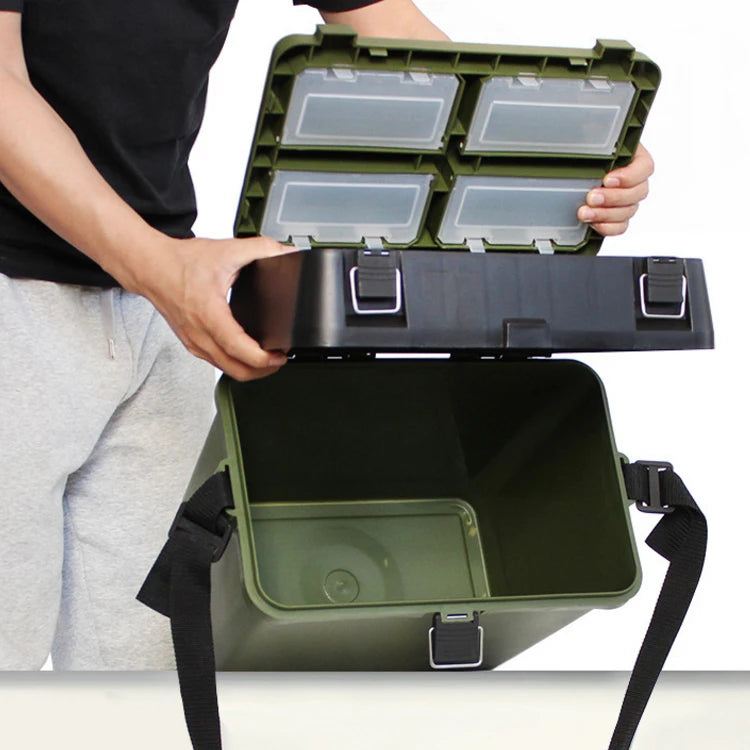Fishing Seat Box — Tackle Storage, Trays & Shoulder Strap